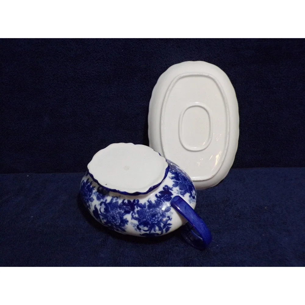 Vintage Johnson Bros. Flow Blue & White Gravy‎ Boat with Flow Blue Underplate